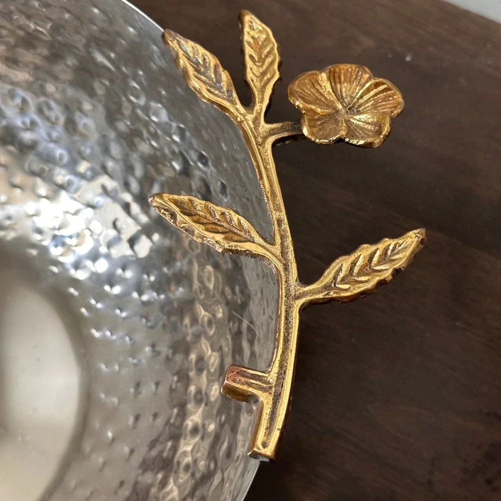 Hammered Silver Metal Serving Bowl with Gold Floral Branch Handle Made in India